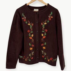 Vintage 90s Essentials by Maggie Embroidered Fleece Cardigan | Sz Large | Brown
